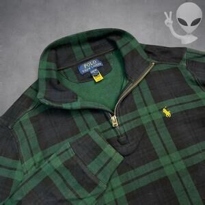 Polo Ralph Lauren Tartan Plaid Quarter zip Small Green Black Pullover Preppy